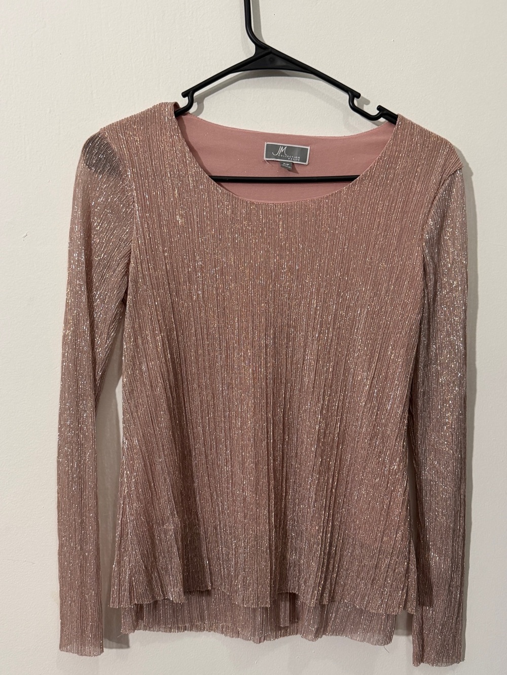JM Collection Rose-Gold Metallic Long Sleeve Pleated Top